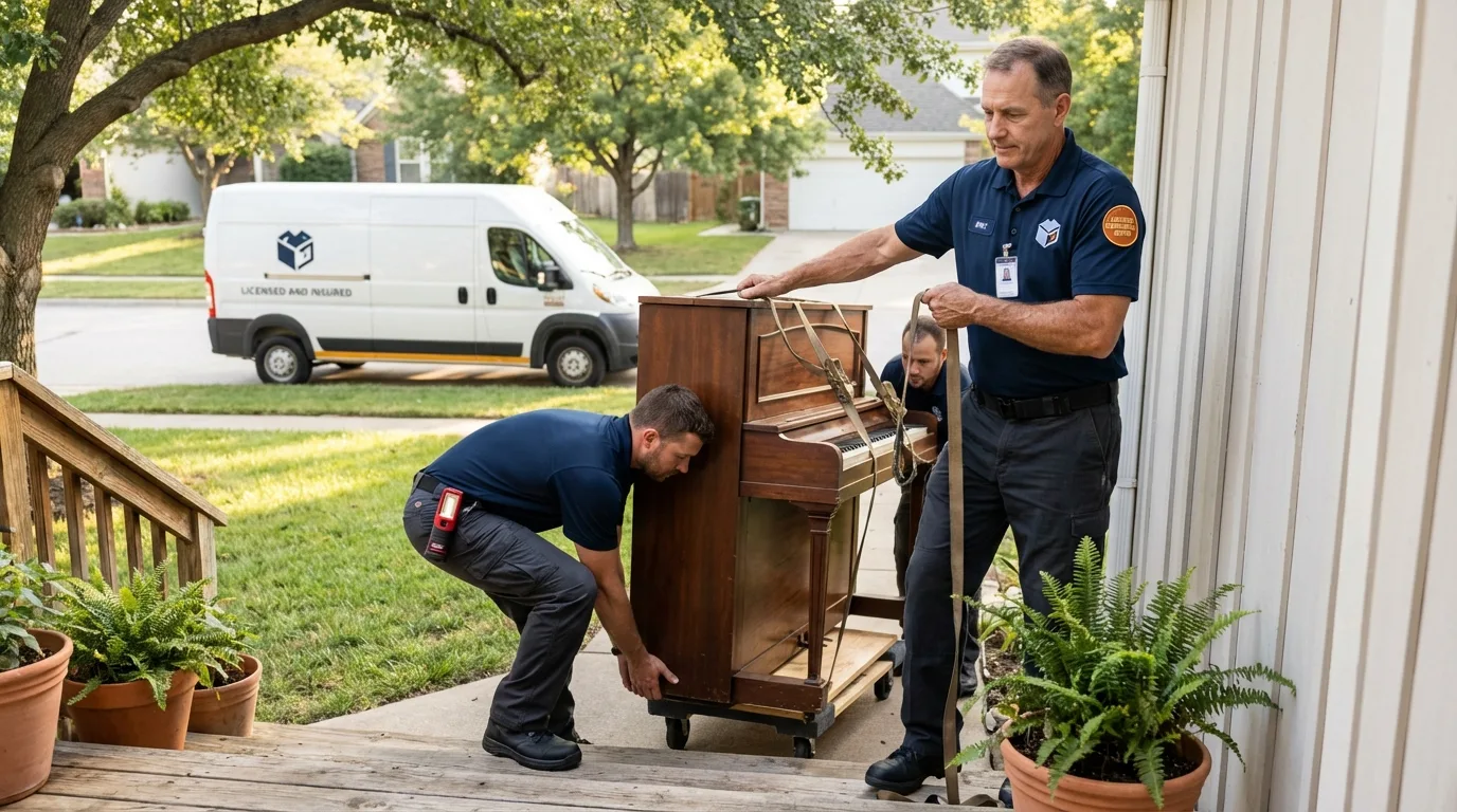 Licensed piano movers securing grand piano in Lincolnville, ME