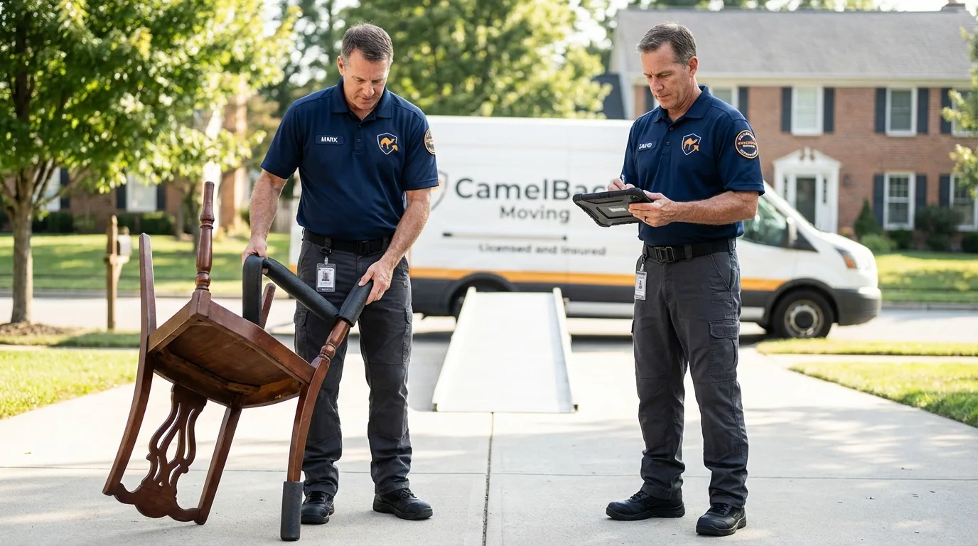 Movers inspecting furniture for damage prevention before loading in Lincolnville, ME