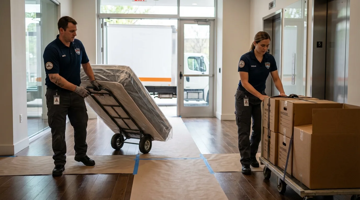 Professional apartment movers loading elevator in Lincolnville, ME
