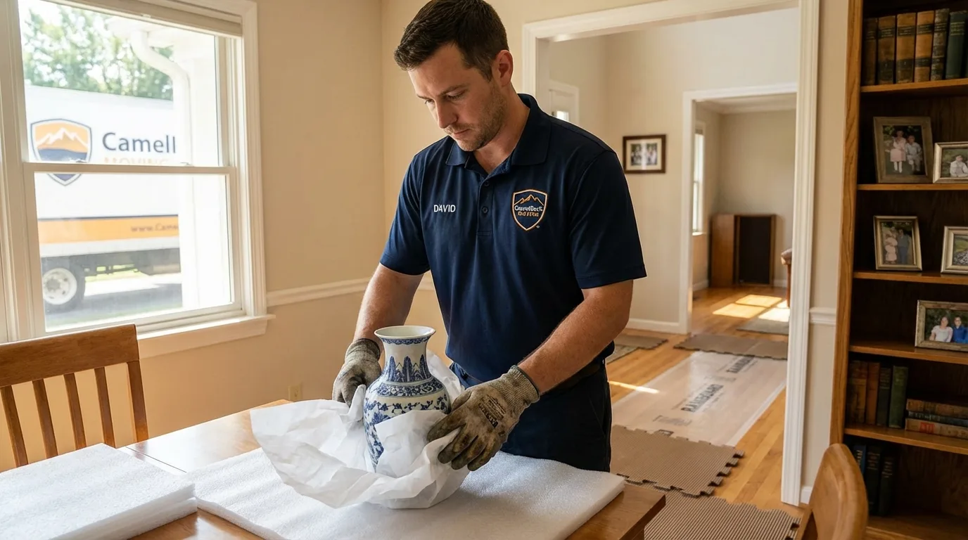 Professional crew carefully wrapping antique vase for senior downsizing move in Lincolnville, ME