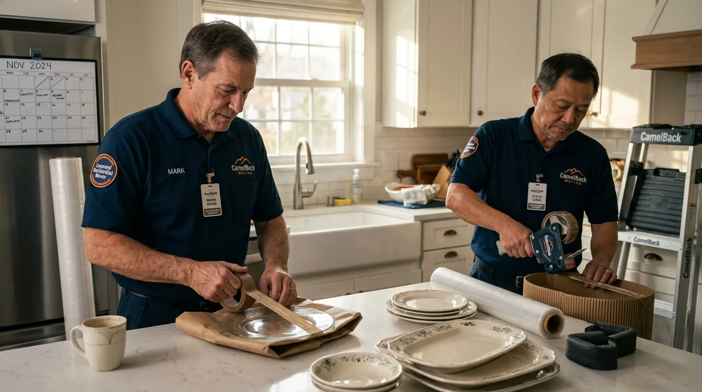 Professional crew packing kitchen dishware in Lincolnville, ME